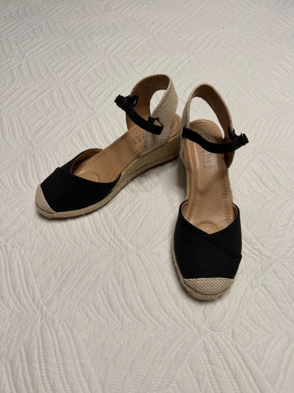 Journee Collection Black Wedge Espadrille Sandals with Natural Trim